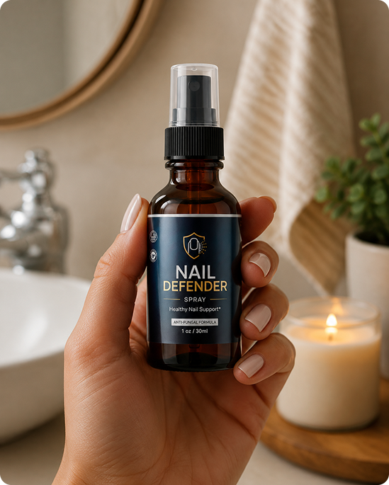 Hand holding a Nail Defender Spray bottle